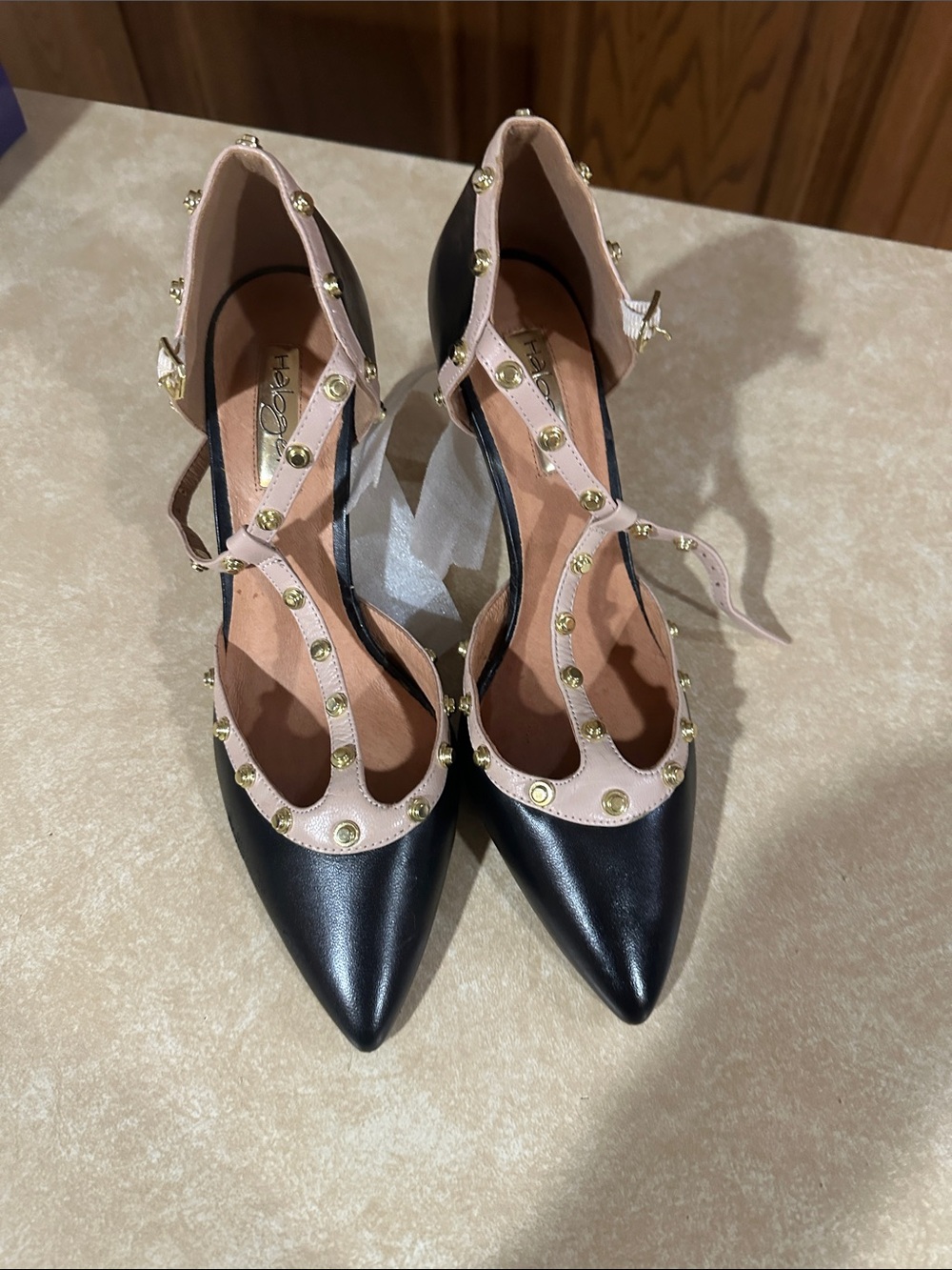 Halogen Black and Blush Studded Pointed-Toe Ankle-Strap Heels